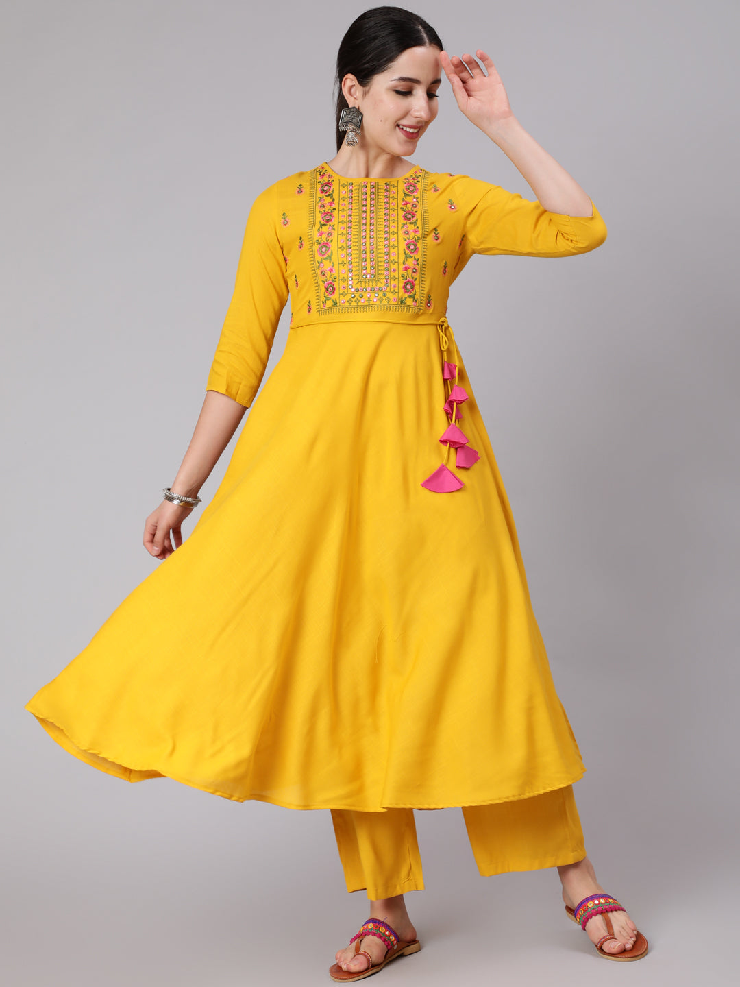 Rayon Calf Length Embroidered Flared 3/4 Sleeve Round Neck Kurta Set