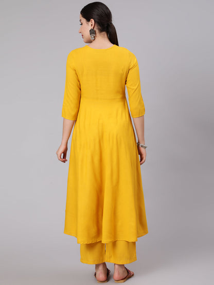 Rayon Calf Length Embroidered Flared 3/4 Sleeve Round Neck Kurta Set