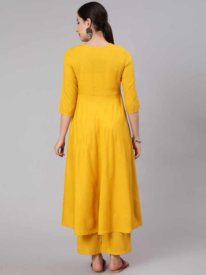 Rayon Calf Length Embroidered Flared 3/4 Sleeve Round Neck Kurta Set