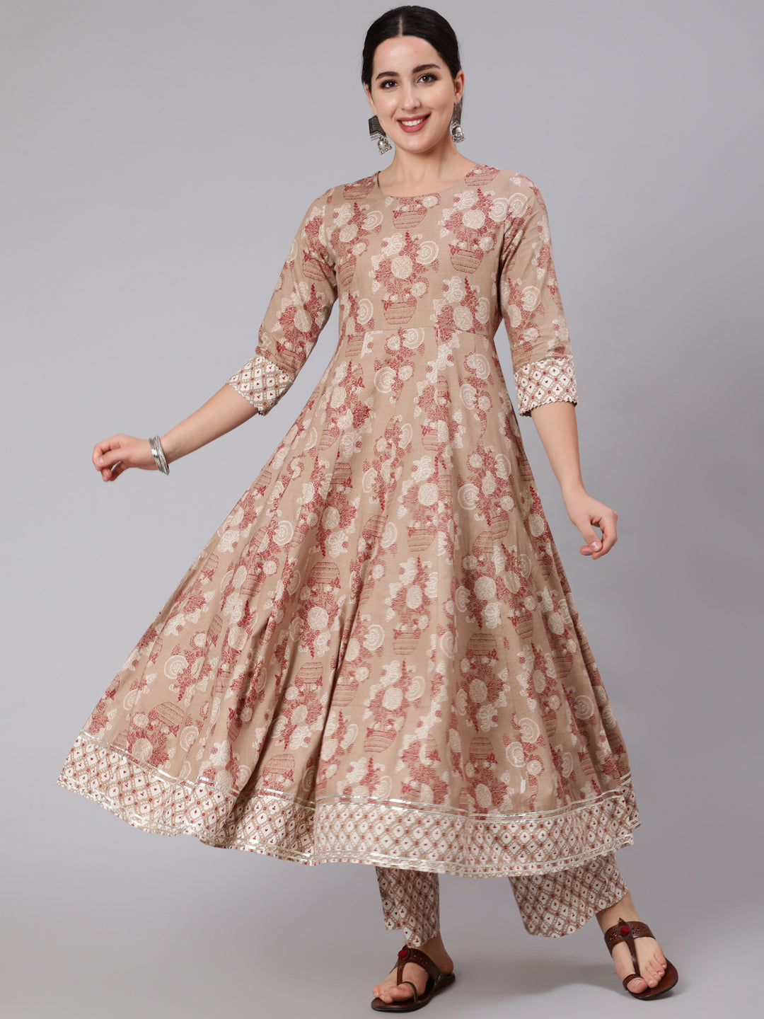 Cotton Calf Length Printed Flared 3/4 Sleeve Round Neck Kurta Set