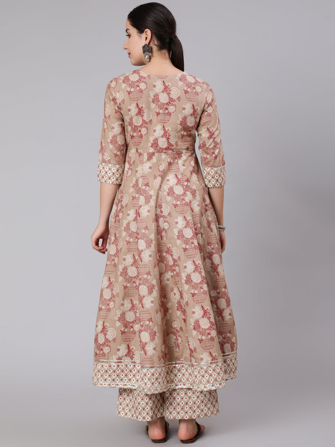 Cotton Calf Length Printed Flared 3/4 Sleeve Round Neck Kurta Set
