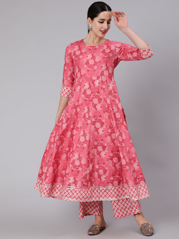 Cotton Calf Length Printed Flared 3/4 Sleeve Round Neck Kurta Set