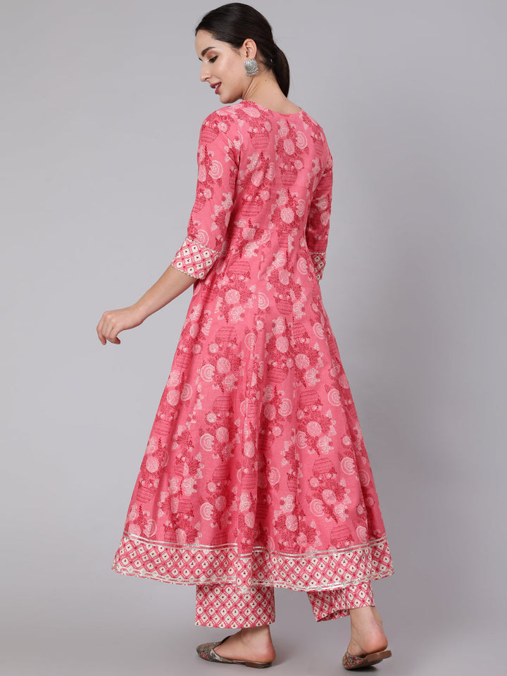Cotton Calf Length Printed Flared 3/4 Sleeve Round Neck Kurta Set