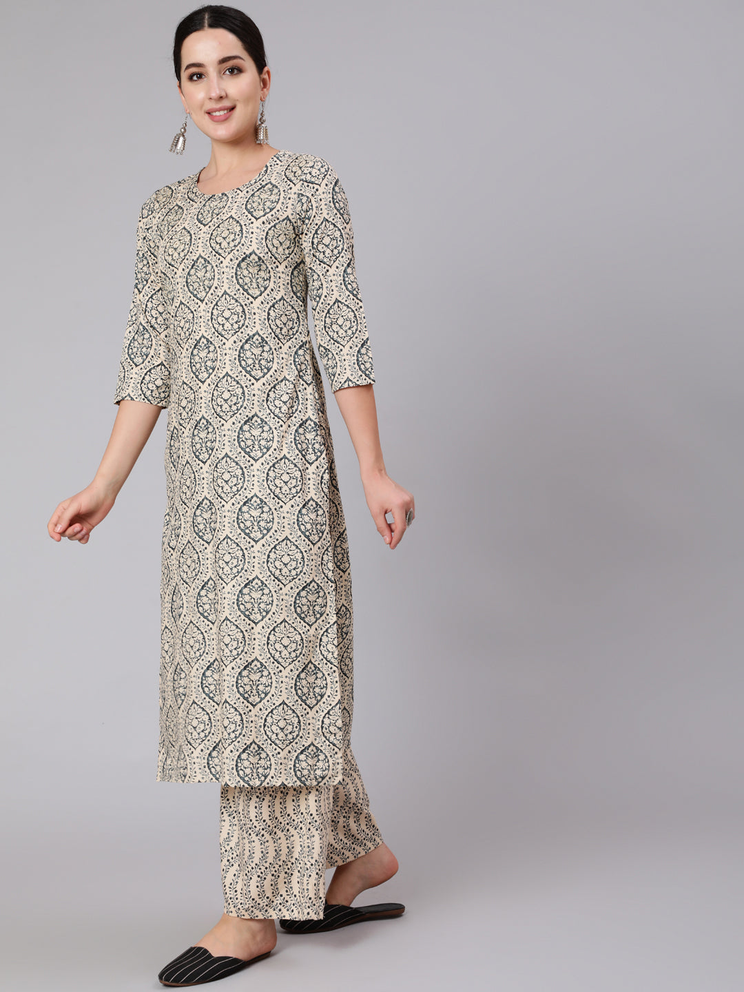 Rayon Calf Length Embellised Straight 3/4 Sleeve Round Neck Kurta Set