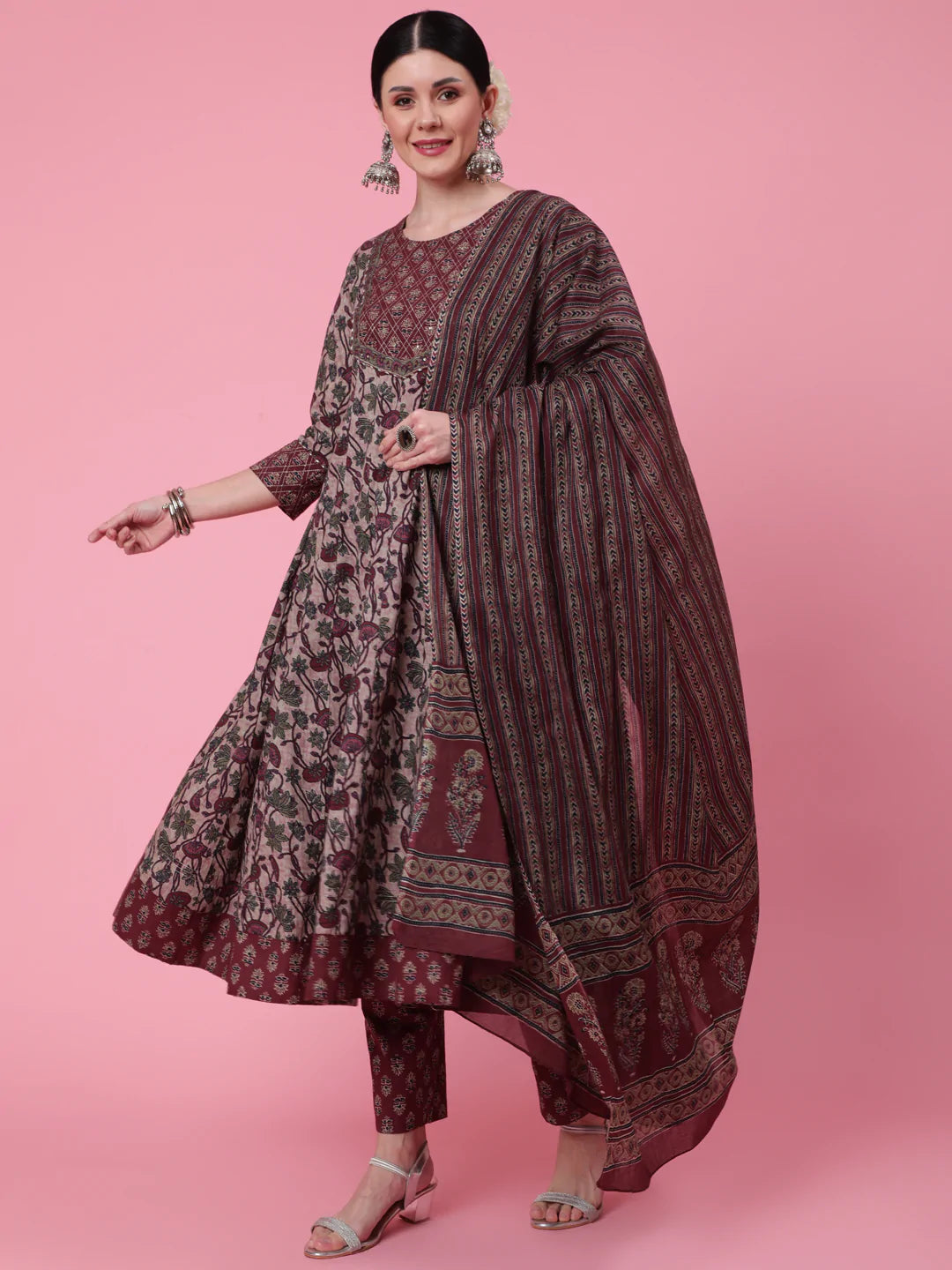 Cotton Calf Length Printed Flared 3/4 Sleeve Round Neck Kurta Bottom Dupatta Set