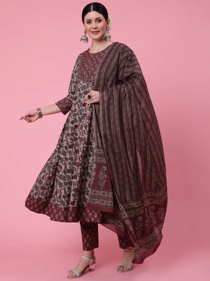 Cotton Calf Length Printed Flared 3/4 Sleeve Round Neck Kurta Bottom Dupatta Set