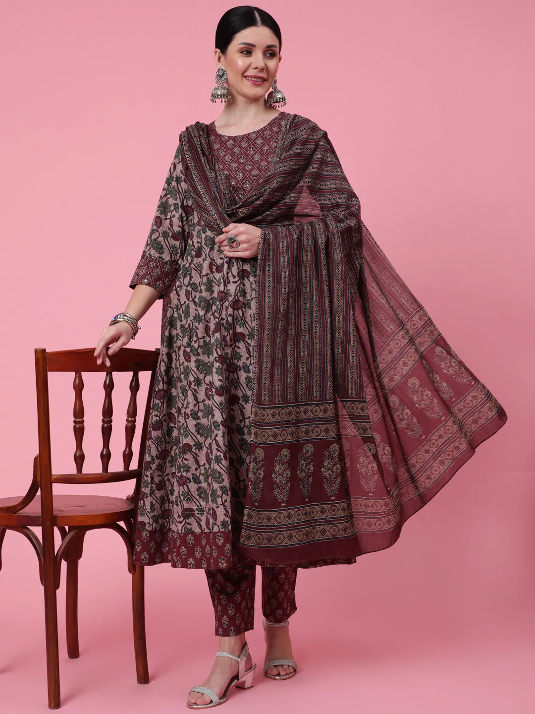 Cotton Calf Length Printed Flared 3/4 Sleeve Round Neck Kurta Bottom Dupatta Set