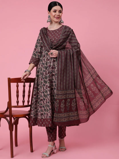 Cotton Calf Length Printed Flared 3/4 Sleeve Round Neck Kurta Bottom Dupatta Set