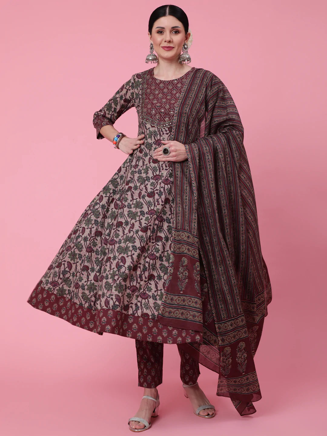 Cotton Calf Length Printed Flared 3/4 Sleeve Round Neck Kurta Bottom Dupatta Set