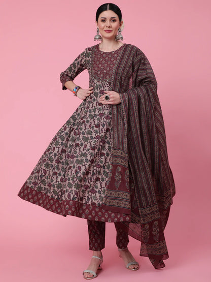 Cotton Calf Length Printed Flared 3/4 Sleeve Round Neck Kurta Bottom Dupatta Set