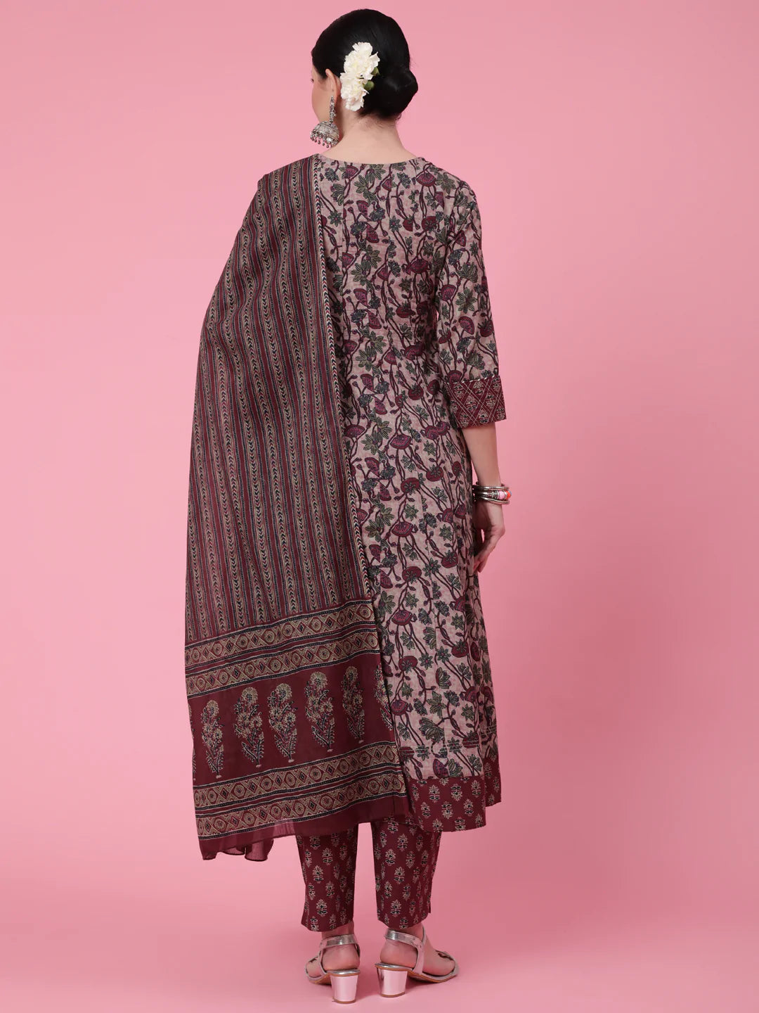 Cotton Calf Length Printed Flared 3/4 Sleeve Round Neck Kurta Bottom Dupatta Set