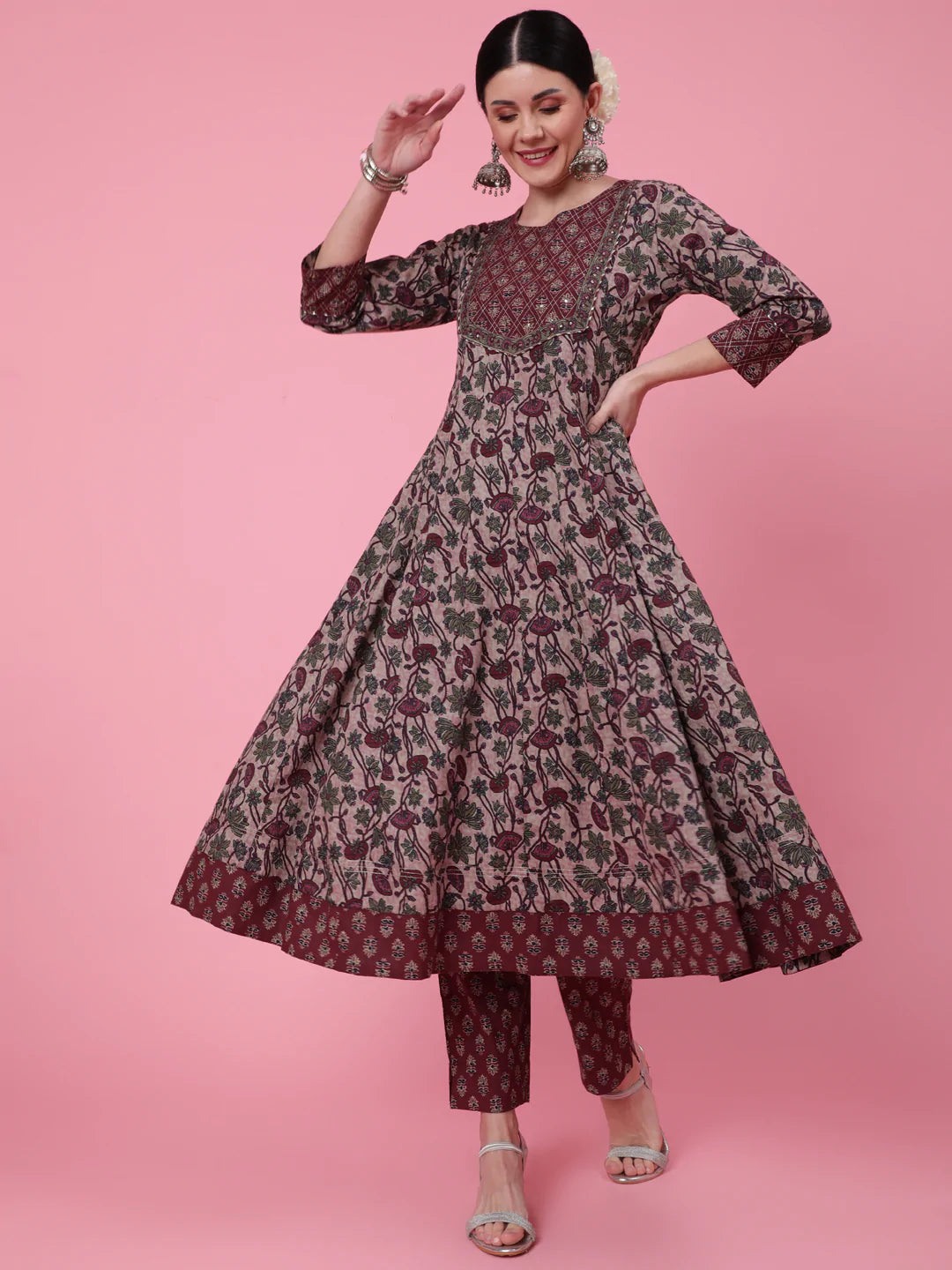 Cotton Calf Length Printed Flared 3/4 Sleeve Round Neck Kurta Bottom Dupatta Set