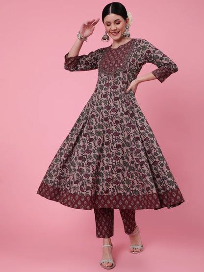 Cotton Calf Length Printed Flared 3/4 Sleeve Round Neck Kurta Bottom Dupatta Set