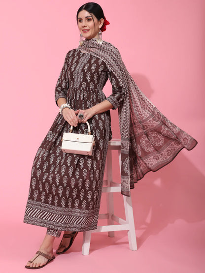 Cotton Calf Length Printed Flared 3/4 Sleeve Round Neck Kurta Bottom Dupatta Set