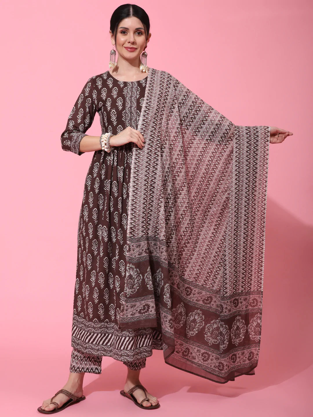 Cotton Calf Length Printed Flared 3/4 Sleeve Round Neck Kurta Bottom Dupatta Set