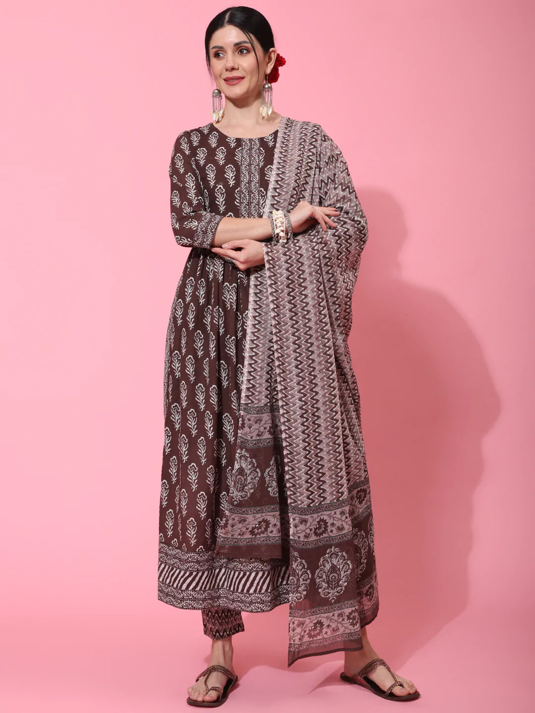 Cotton Calf Length Printed Flared 3/4 Sleeve Round Neck Kurta Bottom Dupatta Set