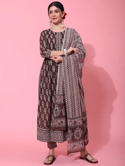 Cotton Calf Length Printed Flared 3/4 Sleeve Round Neck Kurta Bottom Dupatta Set
