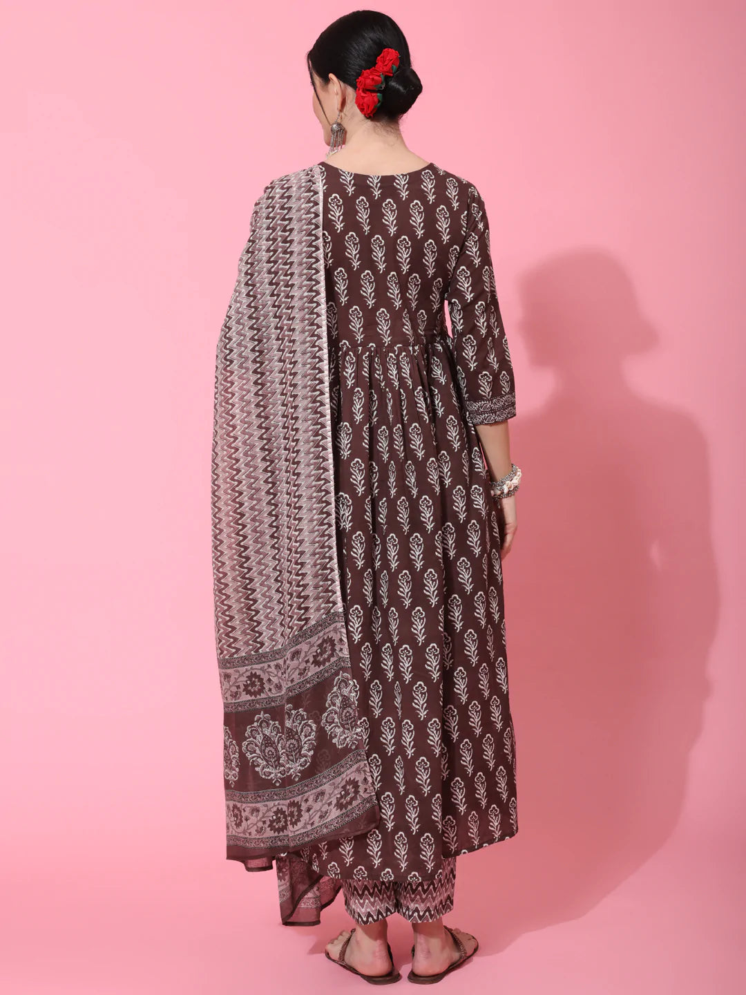 Cotton Calf Length Printed Flared 3/4 Sleeve Round Neck Kurta Bottom Dupatta Set