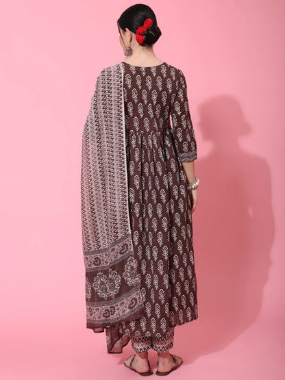 Cotton Calf Length Printed Flared 3/4 Sleeve Round Neck Kurta Bottom Dupatta Set