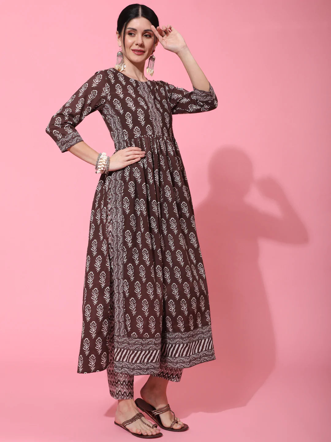 Cotton Calf Length Printed Flared 3/4 Sleeve Round Neck Kurta Bottom Dupatta Set