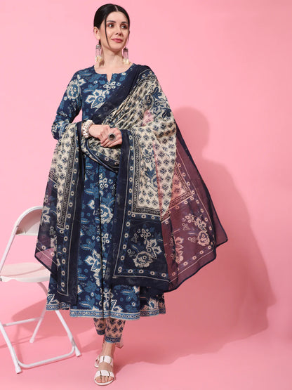 Cotton Calf Length Printed Flared 3/4 Sleeve Round Neck Kurta Bottom Dupatta Set