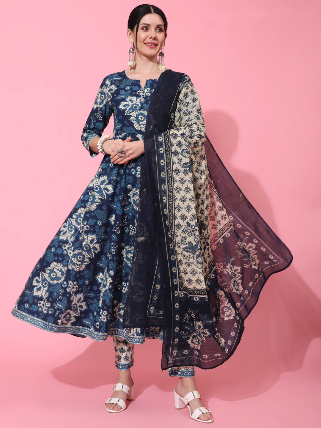 Cotton Calf Length Printed Flared 3/4 Sleeve Round Neck Kurta Bottom Dupatta Set