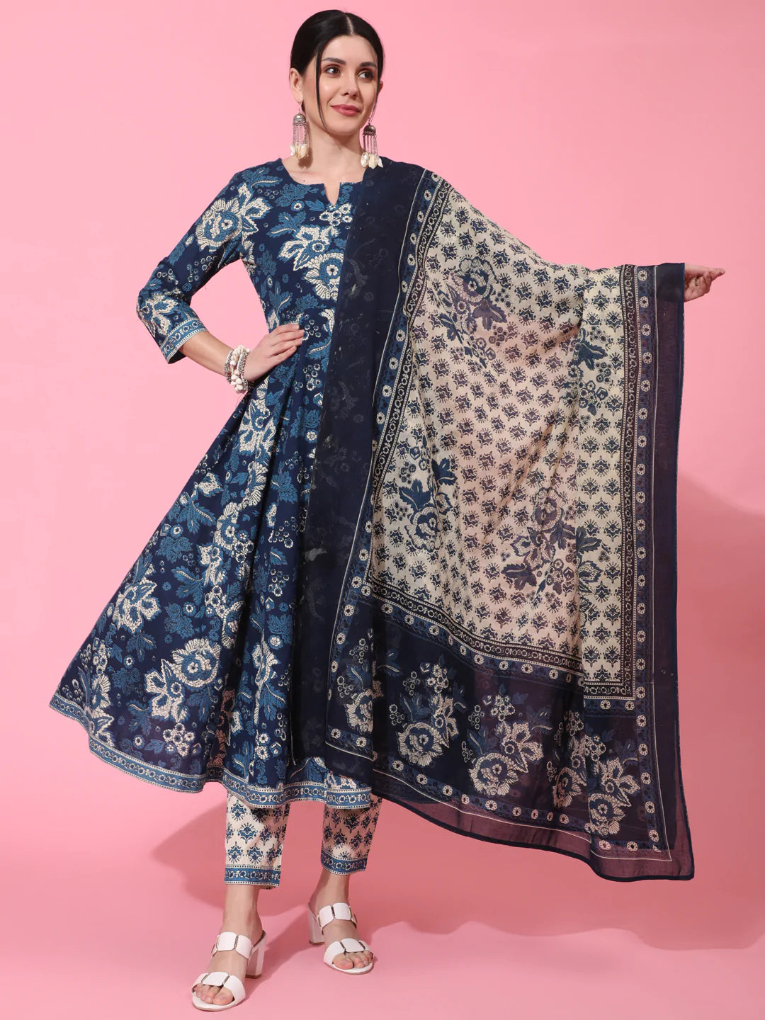 Cotton Calf Length Printed Flared 3/4 Sleeve Round Neck Kurta Bottom Dupatta Set