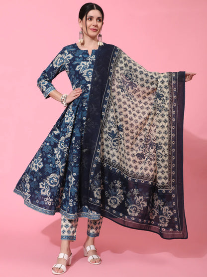 Cotton Calf Length Printed Flared 3/4 Sleeve Round Neck Kurta Bottom Dupatta Set