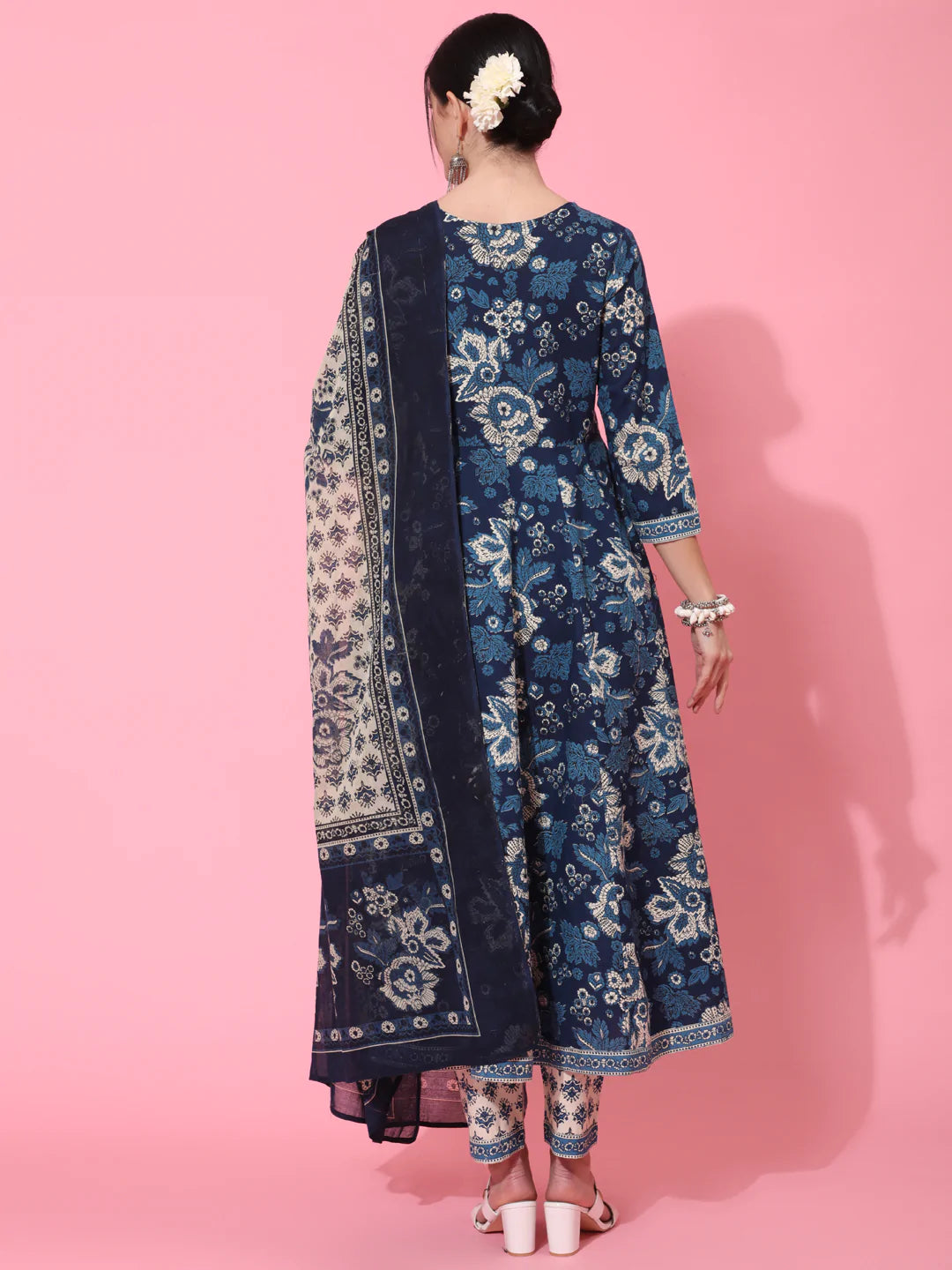 Cotton Calf Length Printed Flared 3/4 Sleeve Round Neck Kurta Bottom Dupatta Set