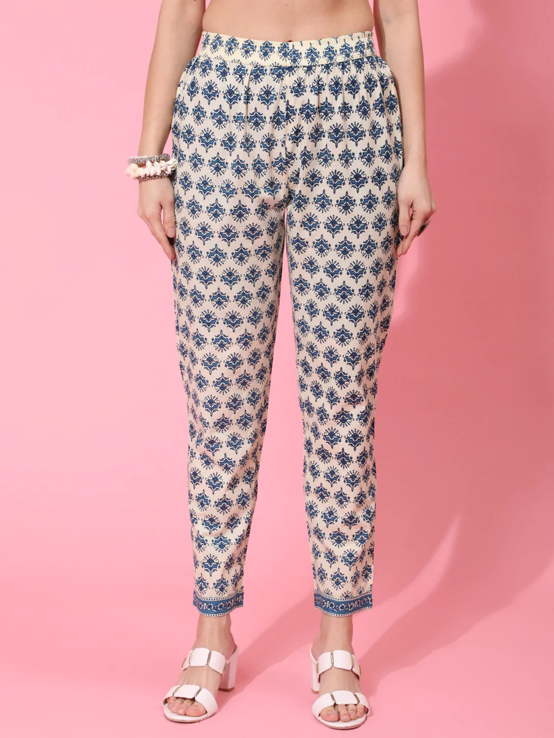 Cotton Calf Length Printed Flared 3/4 Sleeve Round Neck Kurta Bottom Dupatta Set