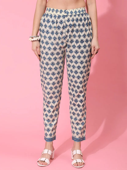 Cotton Calf Length Printed Flared 3/4 Sleeve Round Neck Kurta Bottom Dupatta Set