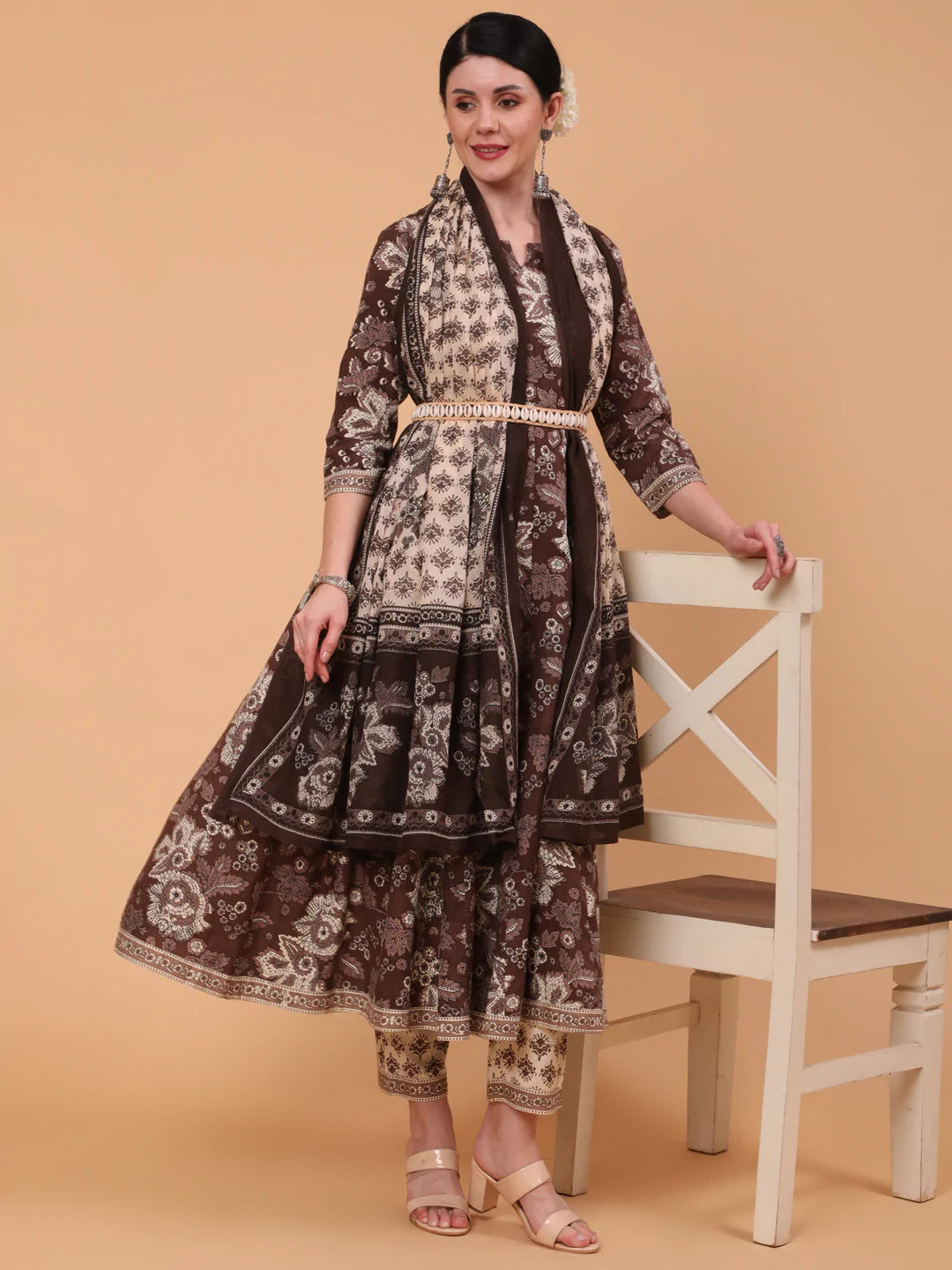 Cotton Calf Length Printed Flared 3/4 Sleeve Round Neck Kurta Bottom Dupatta Set