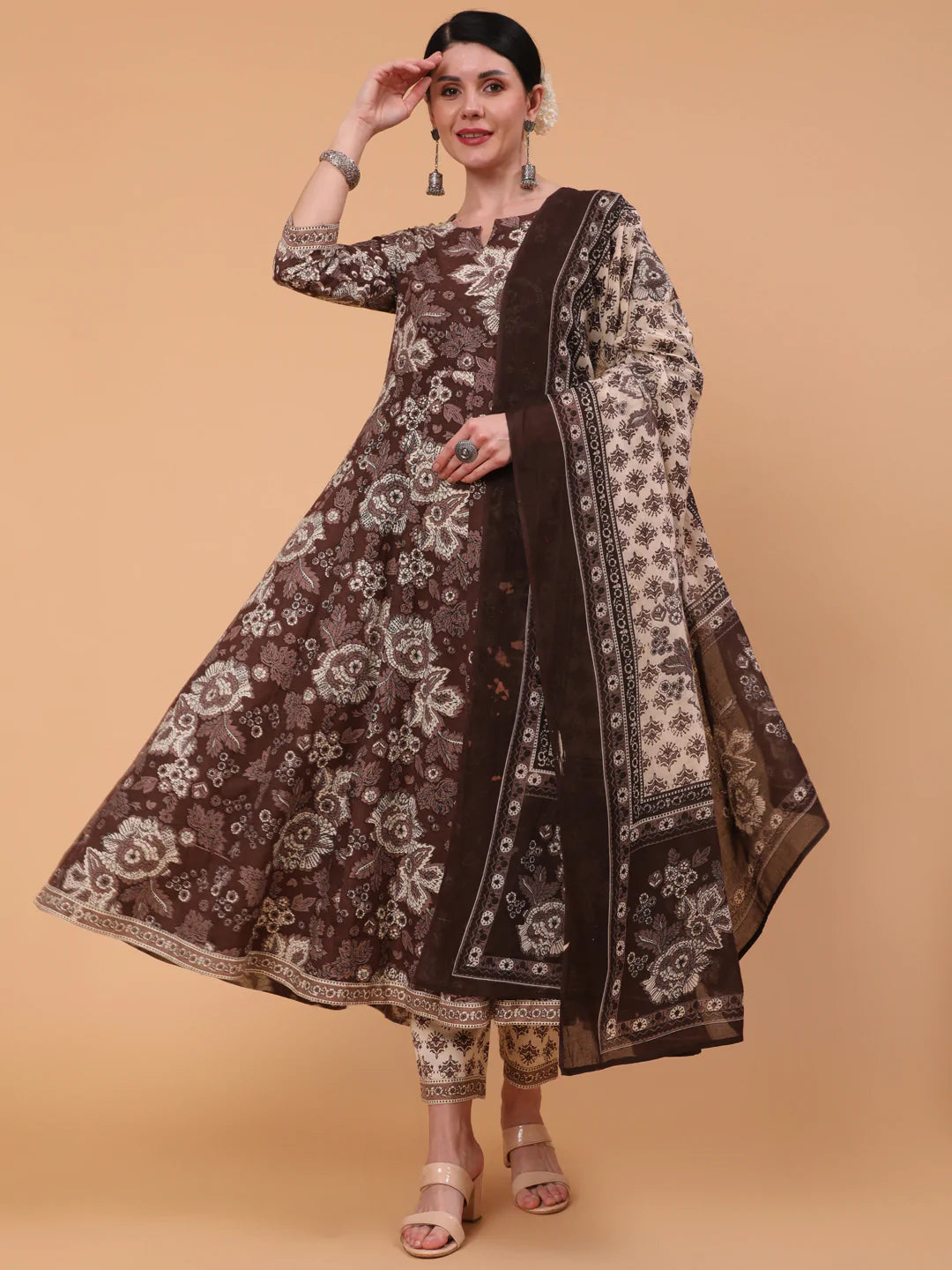 Cotton Calf Length Printed Flared 3/4 Sleeve Round Neck Kurta Bottom Dupatta Set