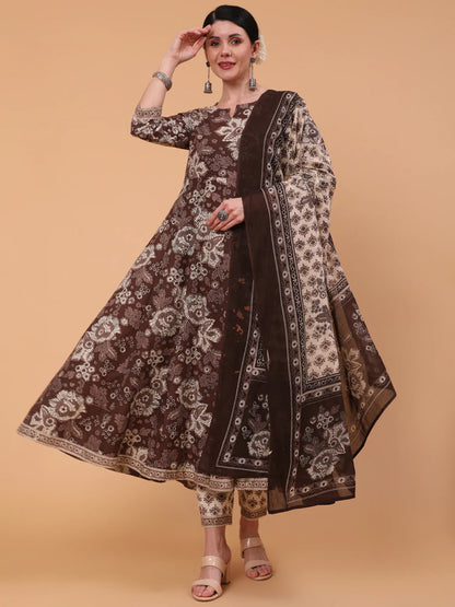 Cotton Calf Length Printed Flared 3/4 Sleeve Round Neck Kurta Bottom Dupatta Set