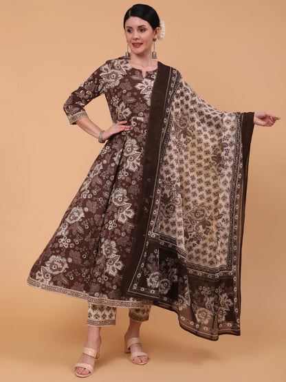 Cotton Calf Length Printed Flared 3/4 Sleeve Round Neck Kurta Bottom Dupatta Set