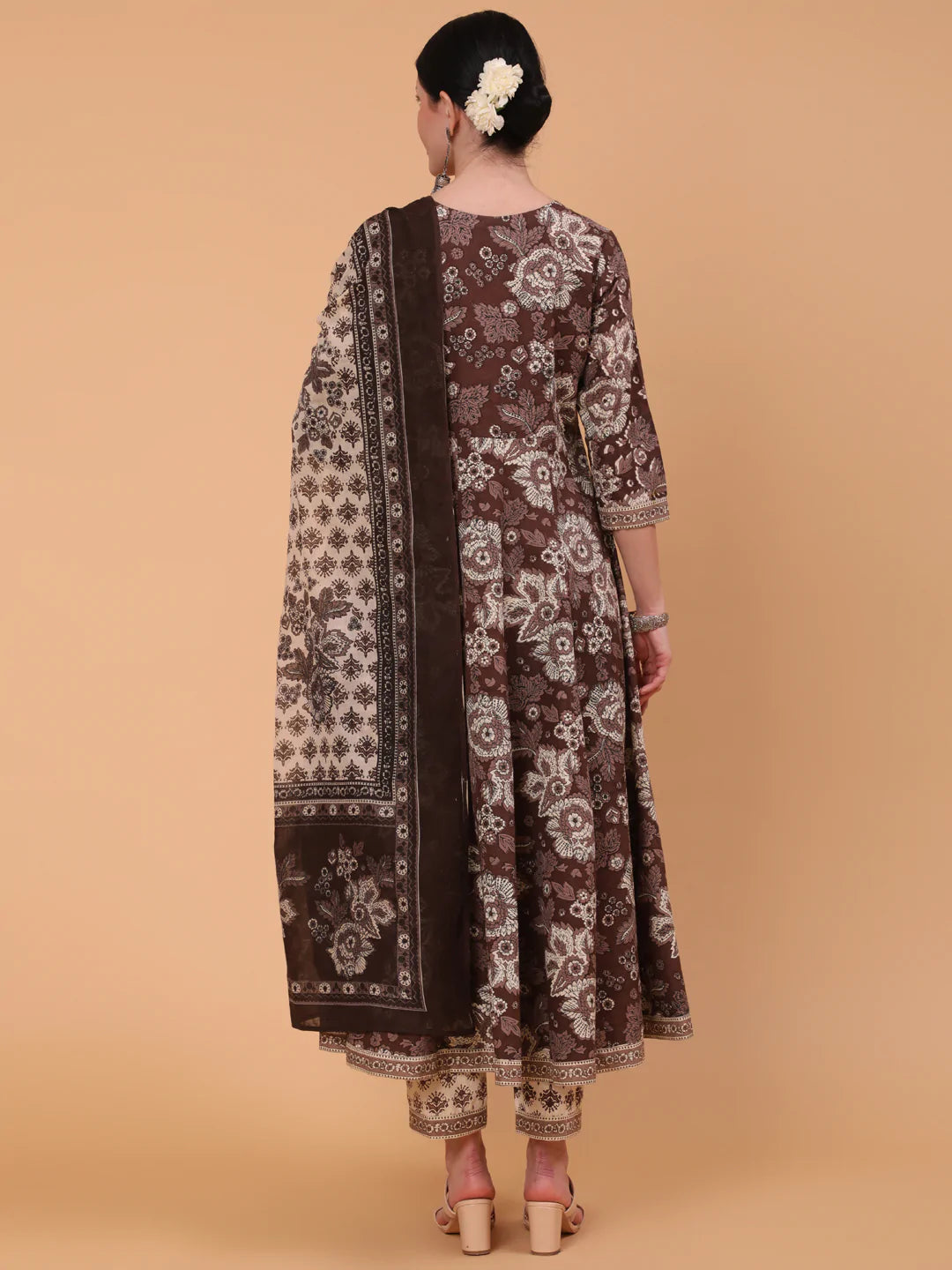 Cotton Calf Length Printed Flared 3/4 Sleeve Round Neck Kurta Bottom Dupatta Set