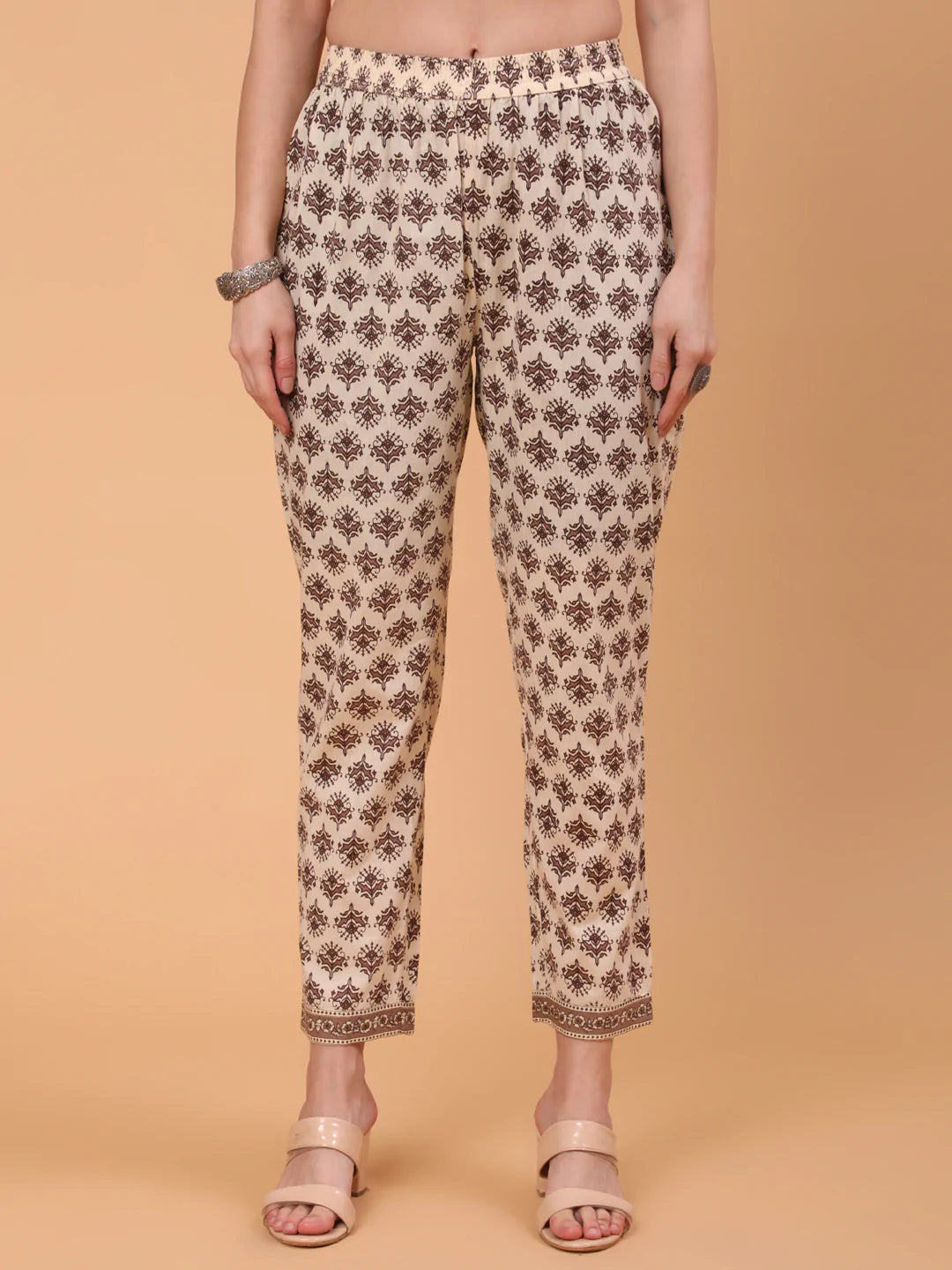 Cotton Calf Length Printed Flared 3/4 Sleeve Round Neck Kurta Bottom Dupatta Set