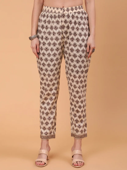 Cotton Calf Length Printed Flared 3/4 Sleeve Round Neck Kurta Bottom Dupatta Set