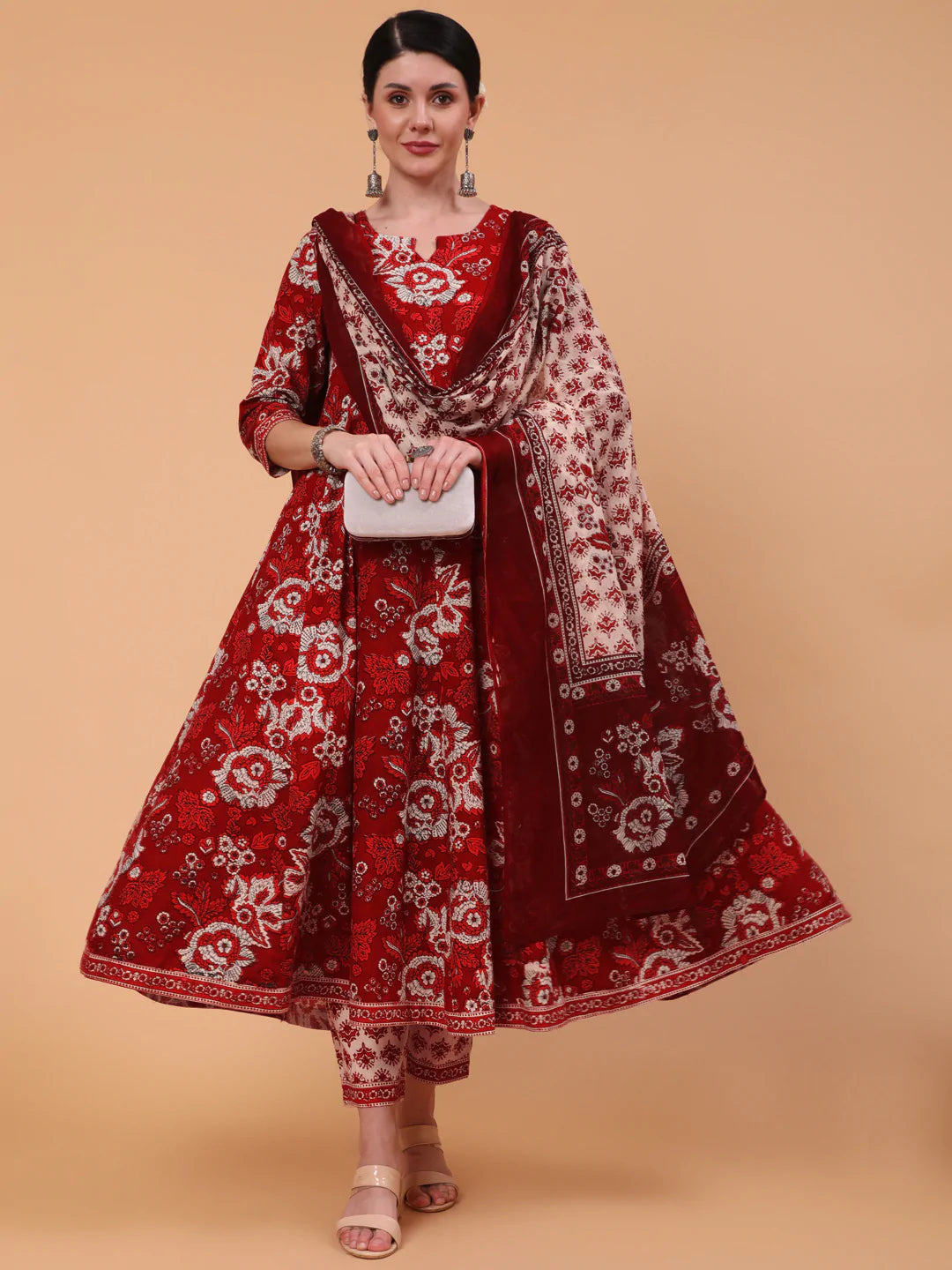 Cotton Calf Length Printed Flared 3/4 Sleeve Round Neck Kurta Bottom Dupatta Set