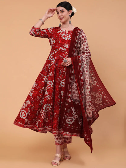 Cotton Calf Length Printed Flared 3/4 Sleeve Round Neck Kurta Bottom Dupatta Set