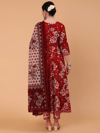 Cotton Calf Length Printed Flared 3/4 Sleeve Round Neck Kurta Bottom Dupatta Set