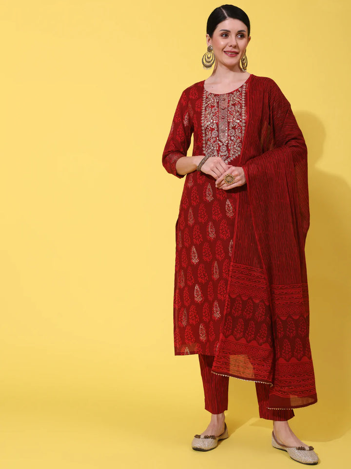 Cotton Calf Length Embroidered Straight 3/4 Sleeve Round Neck Kurta Bottom Dupatta Set