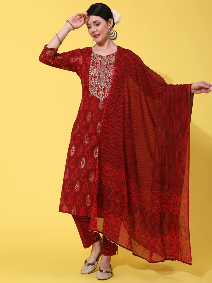 Cotton Calf Length Embroidered Straight 3/4 Sleeve Round Neck Kurta Bottom Dupatta Set