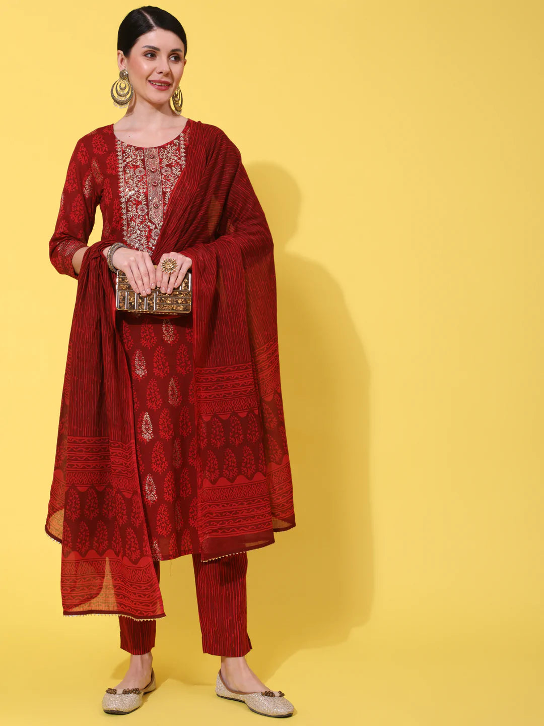 Cotton Calf Length Embroidered Straight 3/4 Sleeve Round Neck Kurta Bottom Dupatta Set