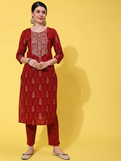 Cotton Calf Length Embroidered Straight 3/4 Sleeve Round Neck Kurta Bottom Dupatta Set