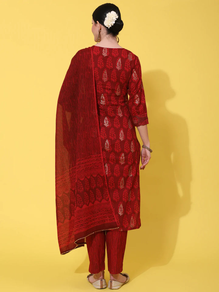 Cotton Calf Length Embroidered Straight 3/4 Sleeve Round Neck Kurta Bottom Dupatta Set