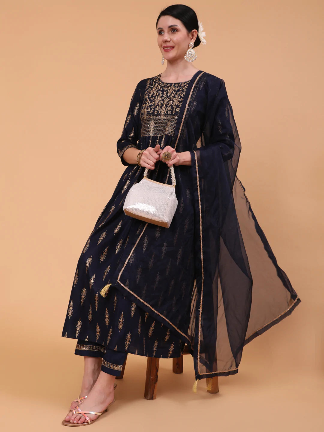 Rayon Calf Length Embroidered Straight 3/4 Sleeve Round Neck Kurta Bottom Dupatta Set