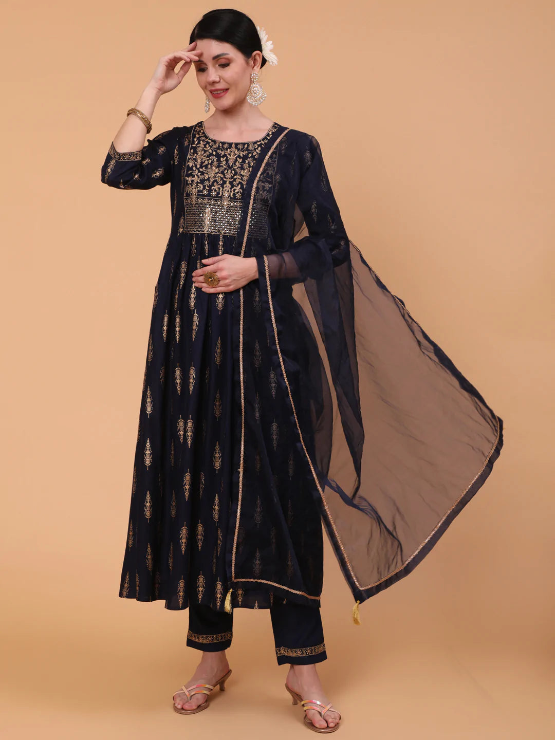 Rayon Calf Length Embroidered Straight 3/4 Sleeve Round Neck Kurta Bottom Dupatta Set