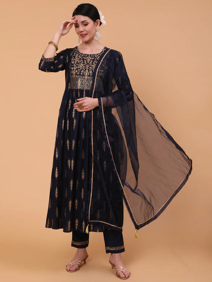 Rayon Calf Length Embroidered Straight 3/4 Sleeve Round Neck Kurta Bottom Dupatta Set