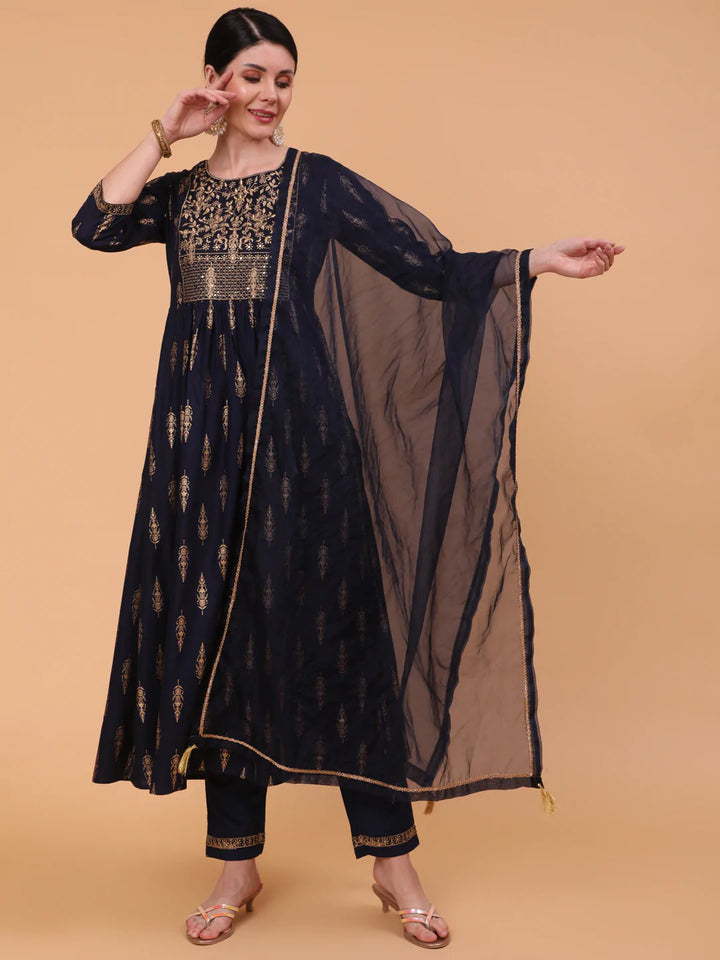 Rayon Calf Length Embroidered Straight 3/4 Sleeve Round Neck Kurta Bottom Dupatta Set